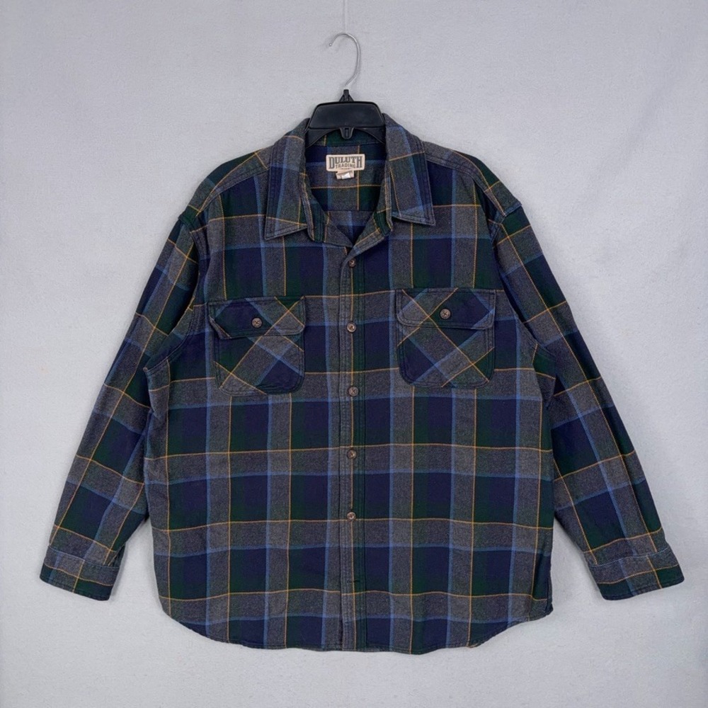 Duluth Trading Shirt Mens XL Blue Green Flannel Plaid Heavyweight Workwear